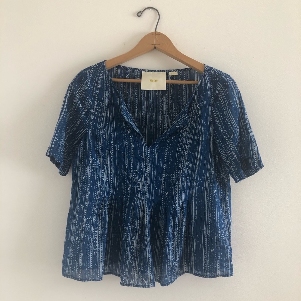 Maeve for Anthropologie Blue and White Peplum Top